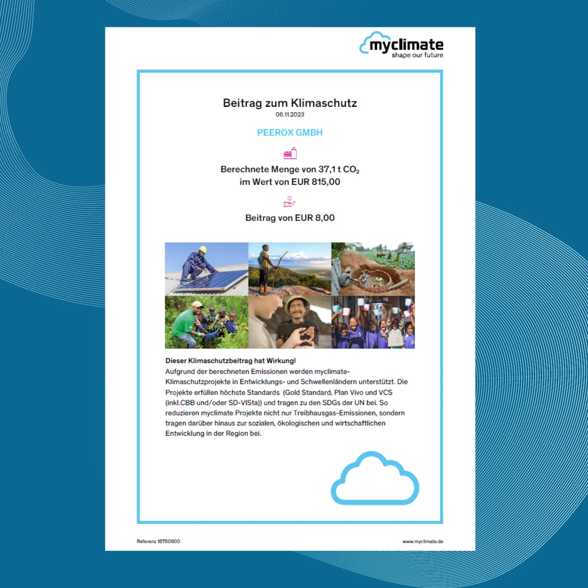 Klimaschutz-Zertifikat von myclimate für die CO₂-Kompensation der Peerox GmbH im Jahr 2023