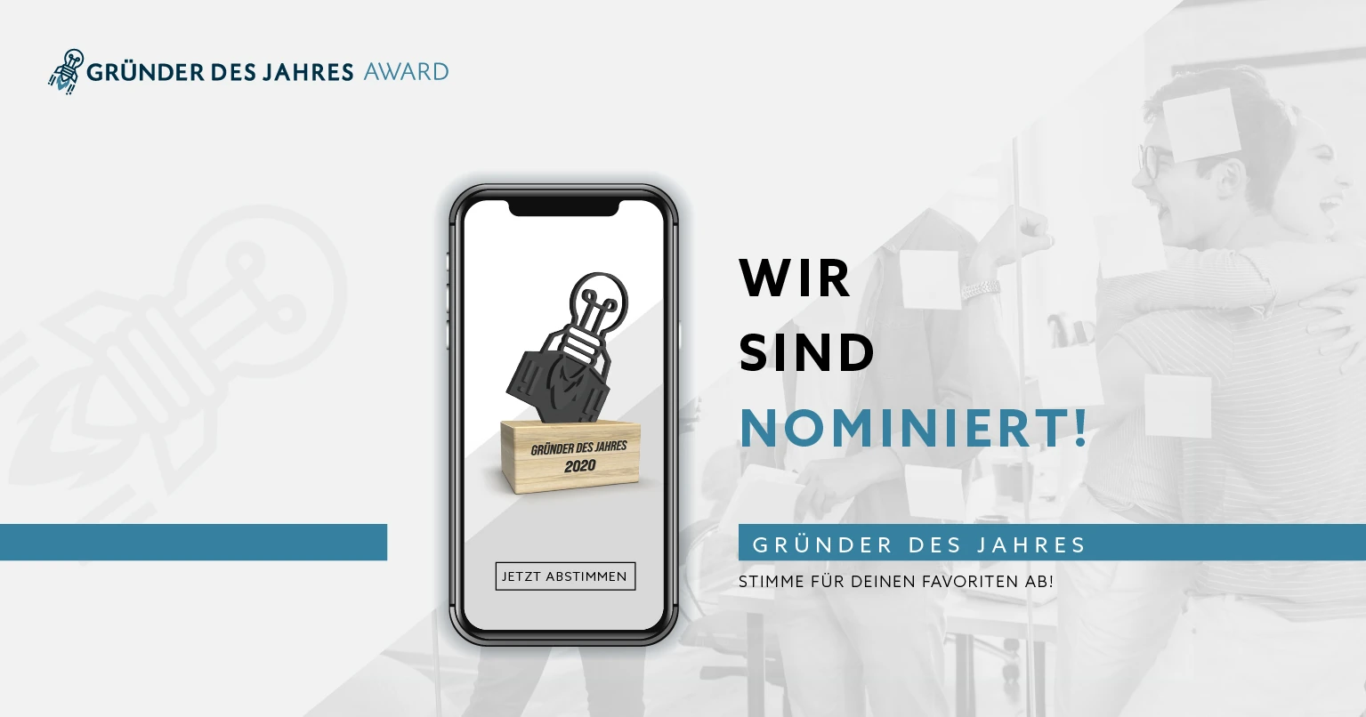 Smartphone mit Gründerpreis-Trophäe und Text „Wir sind nominiert – Gründer des Jahres“