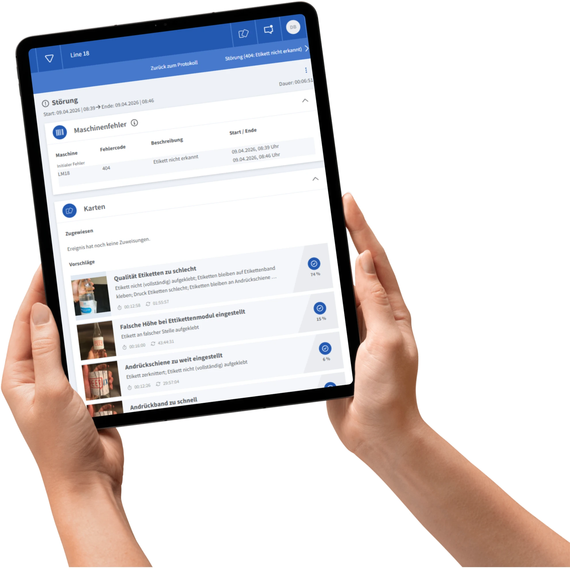 MADDOX-Oberfläche mit KI-generierten Wissenskartenvorschlägen für eine Maschinenstörung, inklusive Relevanz-Score je Vorschlag.