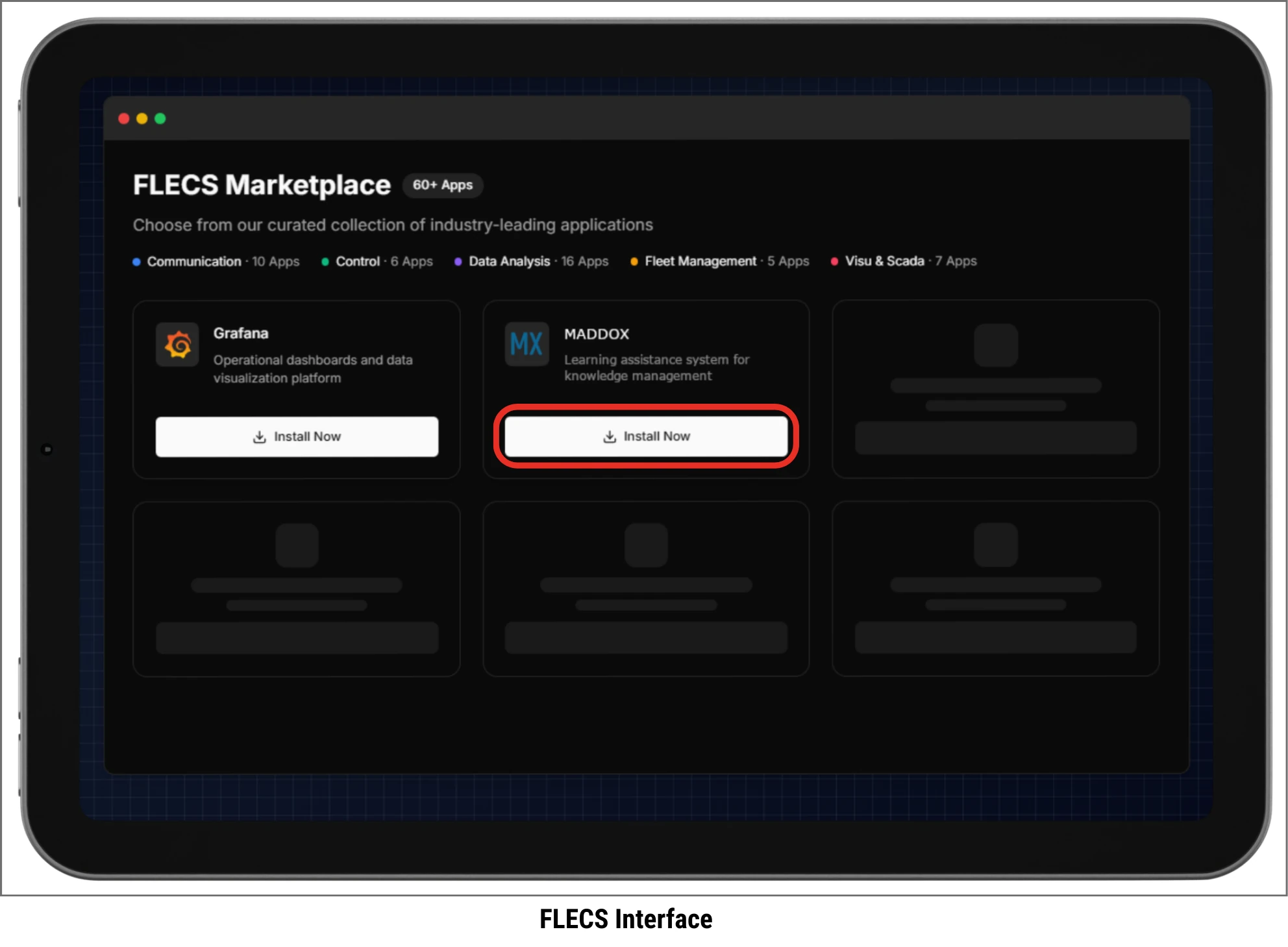 FLECS Marketplace interface showing industrial apps including Grafana and MADDOX, with categories for communication, control, data analysis, fleet management, and visualization
