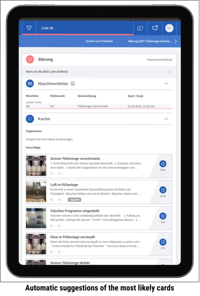 MADDOX interface on tablet showing automatic knowledge card suggestions during a machine disruption, with confidence percentages for each solution