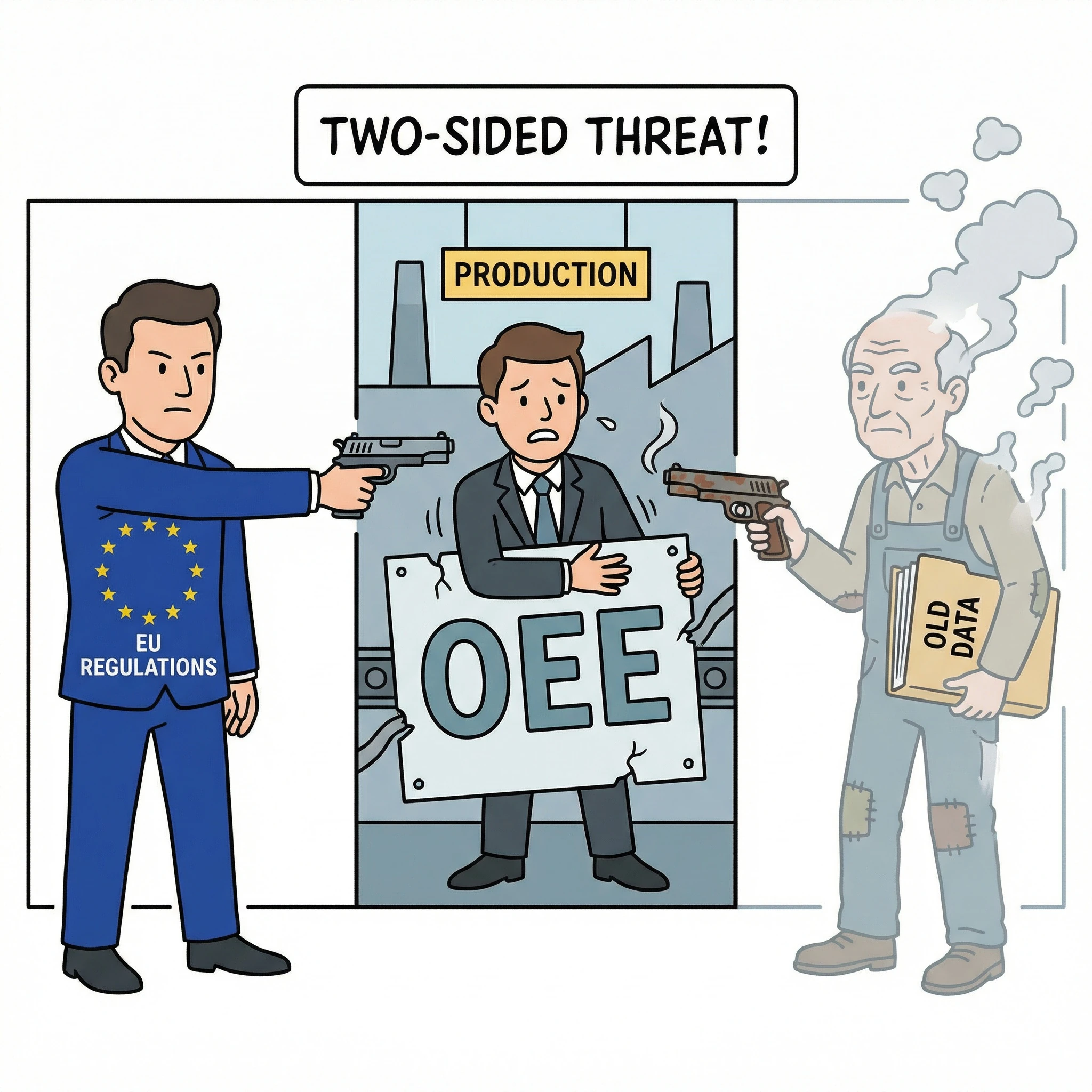 Meme im "Bedrohung von zwei Seiten"-Stil: Ein Produktionsleiter mit OEE-Schild wird von links durch EU-Regulierungen und von rechts durch einen älteren Arbeiter mit "Old Data"-Ordner bedroht – symbolisiert die doppelte Herausforderung aus PPWR und demographischem Wandel.