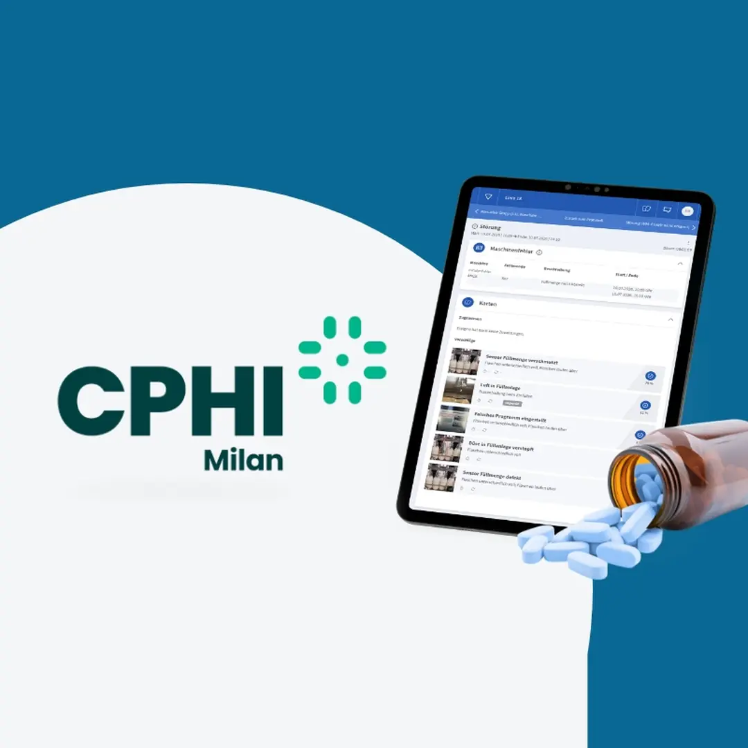 Tablet mit der MADDOX-Oberfläche zu einer Maschinenstörung und passenden Wissenskarten, daneben das CPHI Milan Logo und eine Tablettendose mit Tabletten.